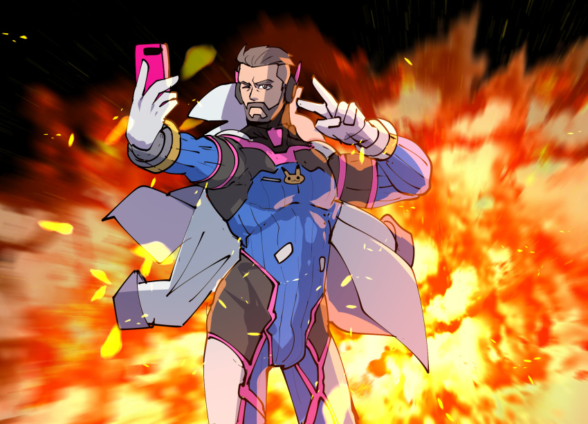 1boy bara beard bodysuit brown_hair cellphone coat collared_coat cosplay d.va_(overwatch) explosion facial_hair fire headphones highres male_focus manly mature_male muscular muscular_male one_eye_closed overwatch phone pokemon pokemon_(game) pokemon_sv rybiok selfie solo tight turo_(pokemon) undercut v