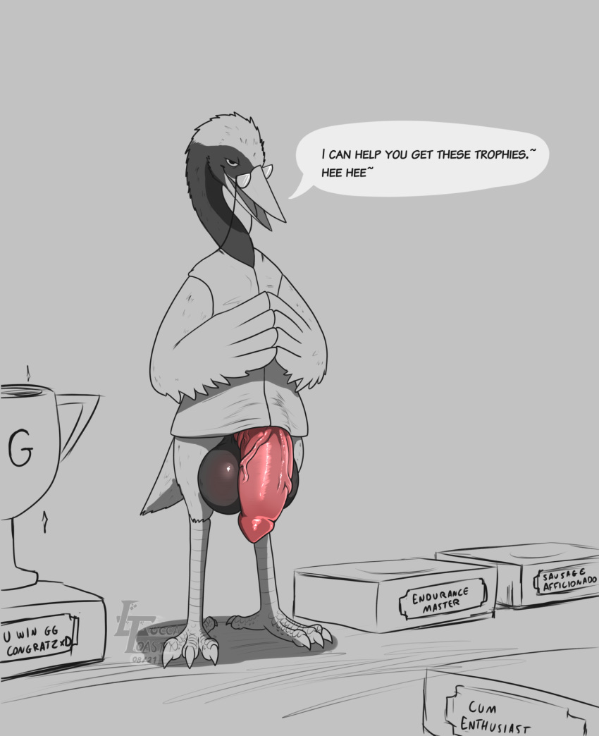2021 4_toes anthro avian award balls beak big_balls big_penis bird bottomless clothed clothing crane_(bird) dialogue doodle_champion_island_games eyewear feathers feet fur genitals glasses grin gruiform hi_res huge_balls huge_penis looking_at_viewer luccatoasty male monochrome penis shaded shirt signature simple_background smile solo standing suggestive_dialogue toes topwear trophy vein veiny_penis
