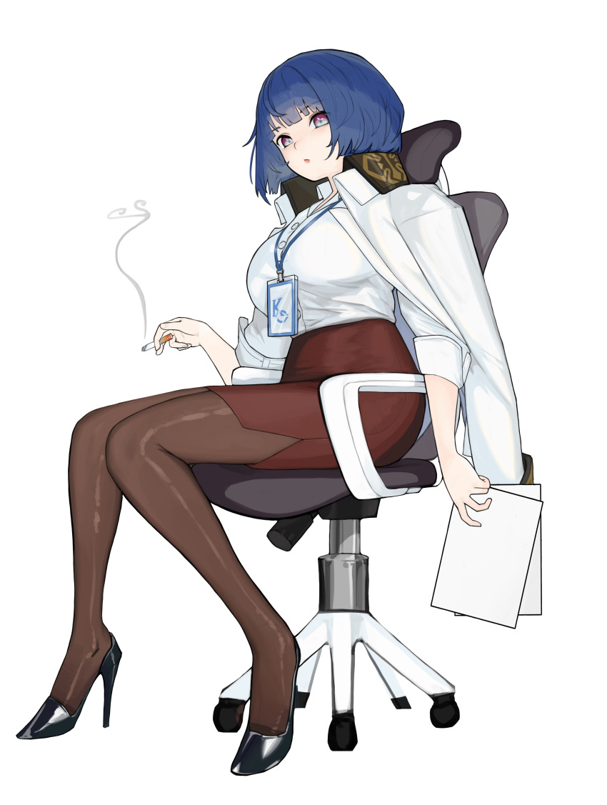 1girl absurdres blue_eyes blue_hair bob_cut breasts brown_legwear chair cigarette dress_shirt full_body high-waist_skirt high_heels highres indie_virtual_youtuber iwa_ego jacket jacket_on_shoulders large_breasts looking_at_viewer name_tag office_chair office_lady pantyhose pencil_skirt shirt short_hair simple_background sitting skirt sleeves_folded_up solo tak376 white_background