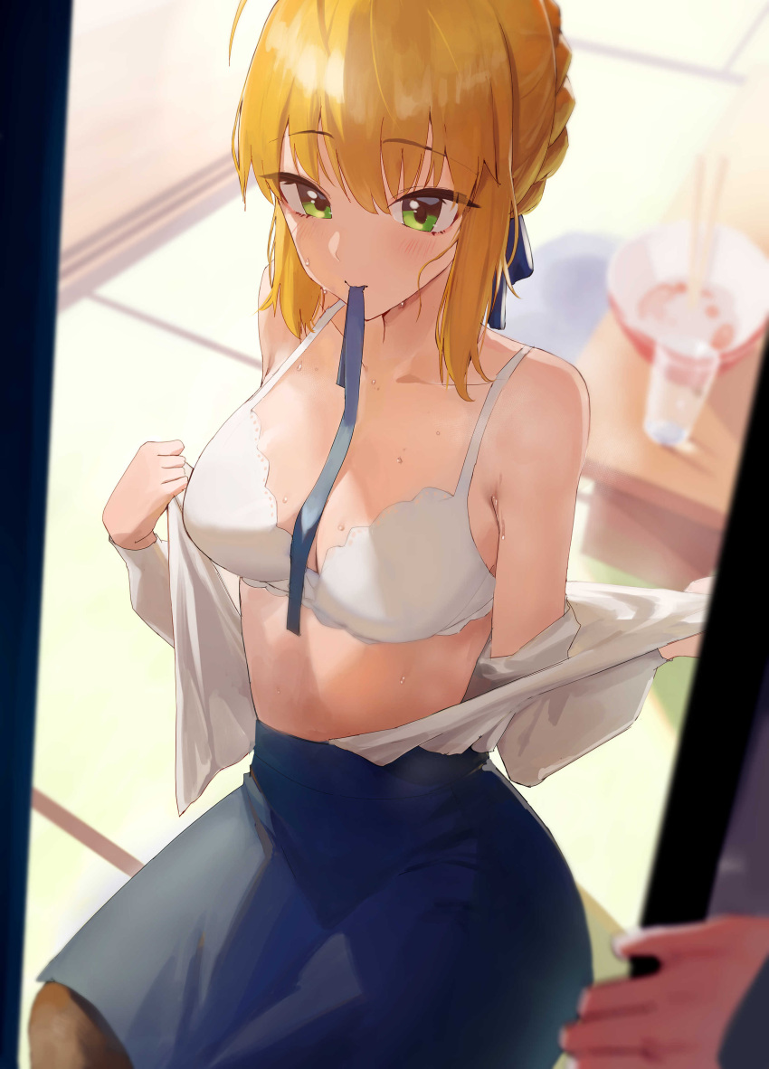 1girl 1other absurdres ahoge artoria_pendragon_(fate) bangs black_legwear blonde_hair blue_ribbon blue_skirt blurry blurry_background blush bowl bra breasts chopsticks cleavage collarbone eyebrows_visible_through_hair fate/stay_night fate_(series) glass green_eyes hair_between_eyes hair_ribbon highres indoors looking_down medium_breasts midriff mouth_hold open_clothes open_shirt out_of_frame pantyhose ribbon ribbon_between_breasts ribbon_in_mouth rororo saber shirt sidelocks sitting skirt solo solo_focus sweat underwear undressing walk-in white_bra white_shirt