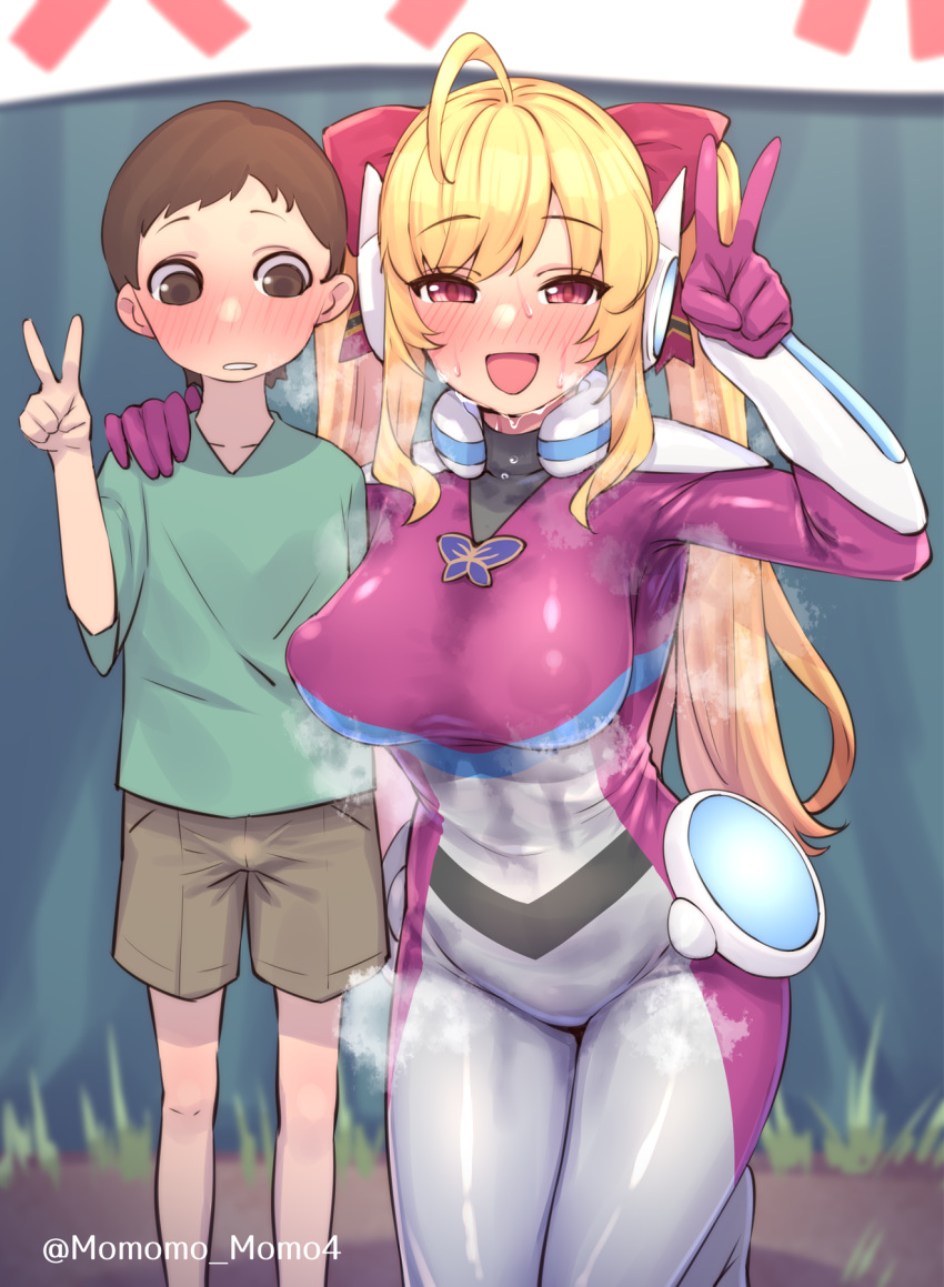 1boy 1girl age_difference ahoge bangs blonde_hair blurry blurry_background blush bodysuit bow breasts brown_eyes brown_hair brown_shorts bulge commentary_request covered_nipples eyebrows_visible_through_hair green_shirt hair_bow hair_ribbon hand_on_another's_shoulder highres kneeling large_breasts long_hair long_sleeves looking_at_breasts looking_at_viewer nijisanji onee-shota open_mouth purple_eyes ribbon shirt short_hair short_sleeves shorts smile stain standing steaming_body sweat sweating_profusely takamiya_rion twintails v virtual_youtuber yoshiwa_tomo