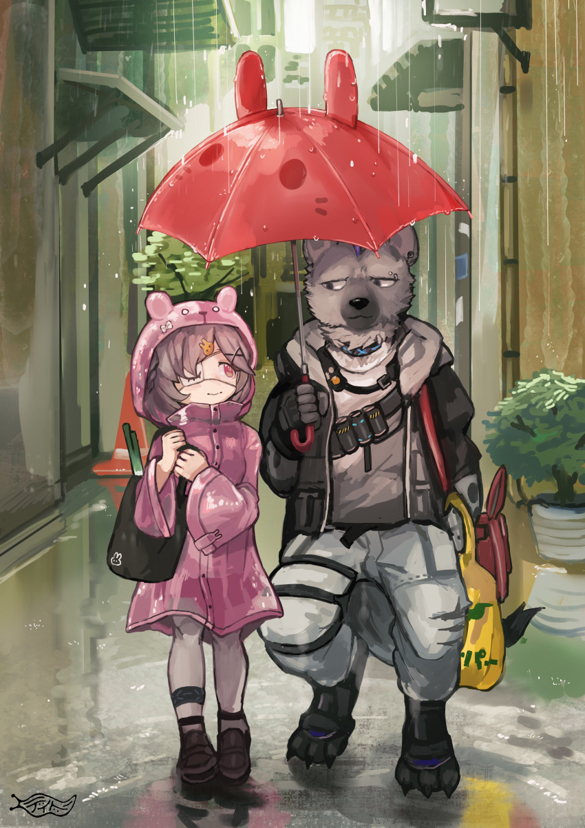 1boy 1girl absurdres arknights bag bangs black_eyes black_footwear black_jacket buchi0122 building bunny_hair_ornament closed_mouth commentary_request day eye_contact eyepatch furry furry_male grey_hair grey_legwear hair_ornament hair_over_one_eye highres holding holding_umbrella hood hood_up hooded_jacket jacket looking_at_another open_clothes open_jacket outdoors pants pantyhose pink_jacket plant popukar_(arknights) potted_plant rain red_eyes red_umbrella shared_umbrella shoes smile spot_(arknights) traffic_cone umbrella walking white_pants x_hair_ornament