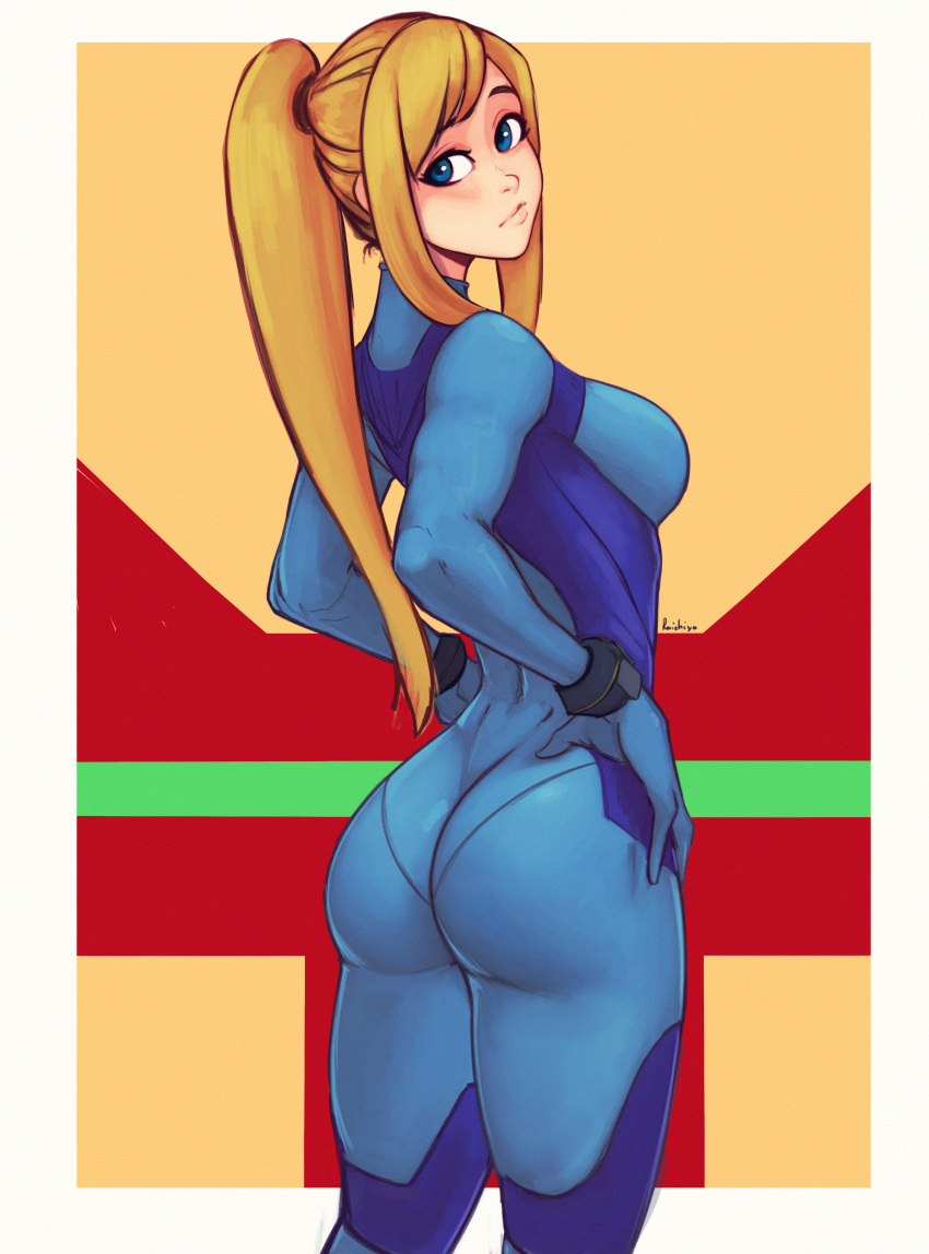 1girl absurdres artist_name ass bangs blonde_hair blue_bodysuit blue_eyes bodysuit breasts closed_mouth commentary from_behind hand_on_hip highres lips long_hair long_sleeves looking_at_viewer looking_back medium_breasts metroid raichiyo33 samus_aran shiny shiny_clothes shiny_hair signature simple_background skin_tight solo turtleneck zero_suit