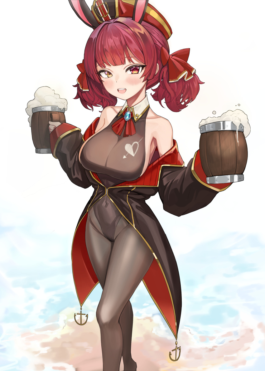 1girl :d absurdres adapted_costume alcohol alternate_hairstyle animal_ears ascot bangs bare_shoulders beach beer_mug black_legwear breasts brooch cleavage covered_navel cup detached_collar dual_wielding fake_animal_ears foam gold_trim hat heterochromia highres holding holding_cup hololive houshou_marine jacket jewelry large_breasts mug off_shoulder pantyhose playboy_bunny rabbit_ears red_eyes red_hair shio05_(05_sio) short_twintails sleeves_past_wrists smile solo teeth twintails upper_teeth virtual_youtuber wing_collar yellow_eyes