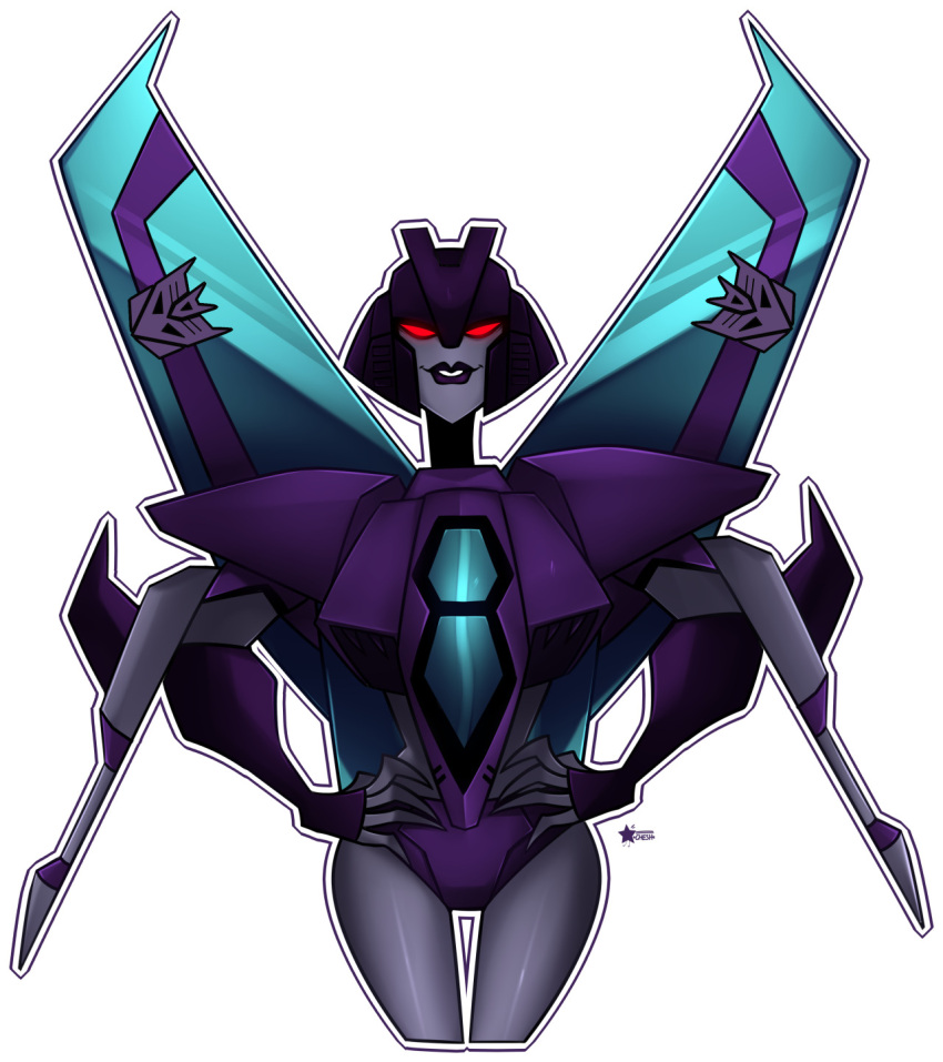 alien breasts chesraven colored_skin curvy decepticon grey_skin hands_on_hips highres mecha medium_breasts panties purple_lips purple_panties red_eyes robot slipstream_(transformers) transformers transformers_animated underwear wings