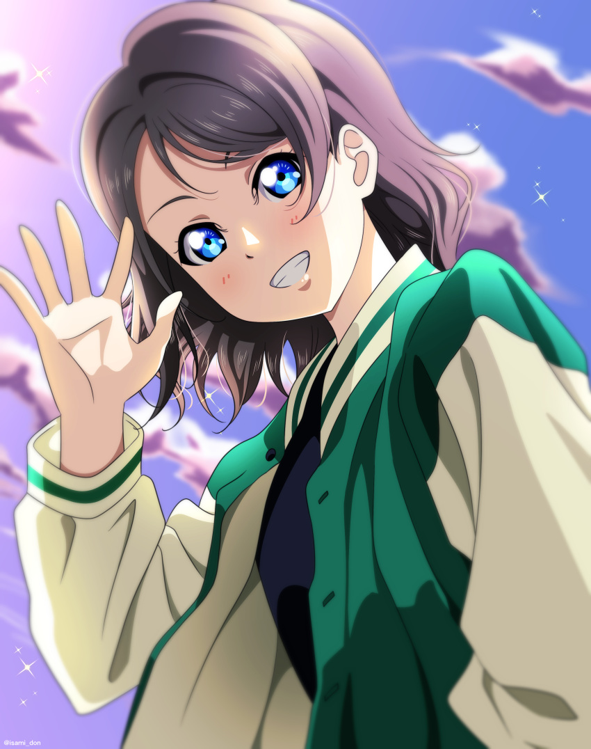 1girl absurdres artist_name black_shirt blue_eyes blush grin hand_up highres isami_don jacket light_brown_hair long_sleeves looking_at_viewer love_live! love_live!_sunshine!! open_clothes open_jacket shirt short_hair smile solo teeth upper_body watanabe_you waving