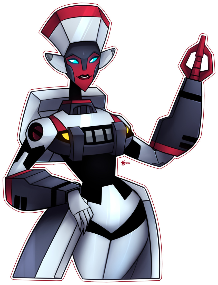 alien autobot bad_source blue_eyes breasts chesraven curvy highres mecha medium_breasts panties red_alert_(transformers) red_lips robot simple_background thick_thighs thighs transformers transformers_animated underwear white_background white_panties