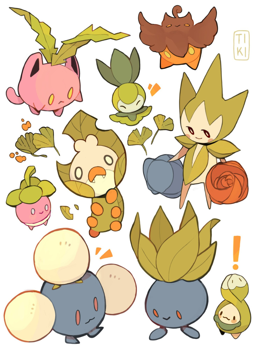 ! :3 artist_name blush bounsweet budew closed_mouth commentary english_commentary fang fang_out frown highres hoppip jumpluff leaf no_humans oddish orange_eyes petilil pokemon pumpkaboo roselia sewaddle simple_background smile standing tiki_(tikivt) white_background yellow_eyes