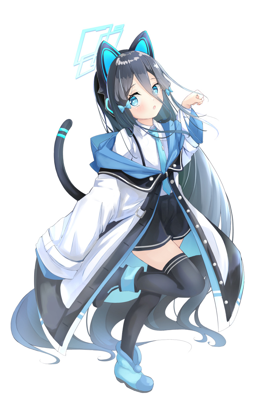 1girl absurdly_long_hair absurdres alternate_costume animal_ears arisu_(blue_archive) bangs black_legwear black_shorts blue_archive blue_footwear bow cat_ears cat_tail collared_shirt commentary_request cosplay eyebrows_visible_through_hair fake_animal_ears fake_tail full_body hair_between_eyes hair_bow hair_ribbon halo headphones highres kanikama_acedia long_hair long_sleeves looking_at_viewer midori_(blue_archive) midori_(blue_archive)_(cosplay) necktie one_side_up parted_lips paw_pose ribbon school_uniform shirt short_shorts shorts sidelocks simple_background solo standing standing_on_one_leg suspenders tail tress_ribbon very_long_hair white_background zettai_ryouiki