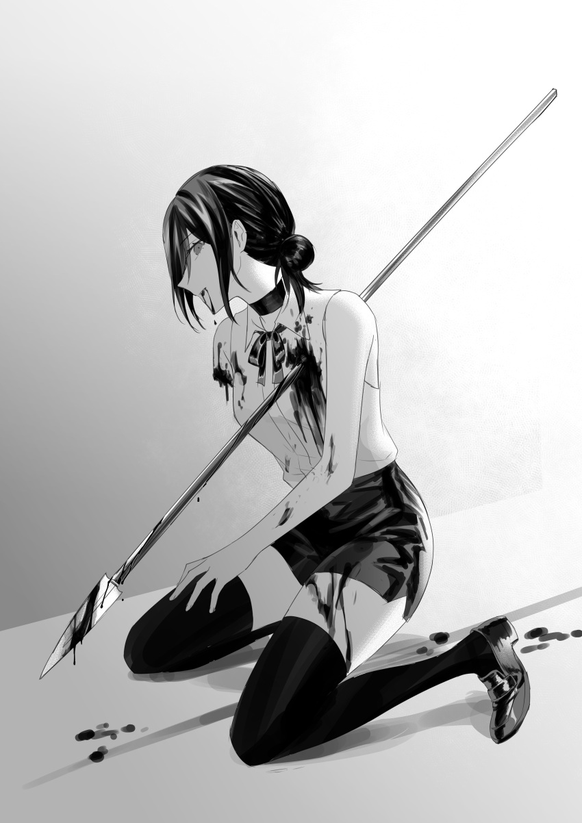 1girl absurdres amputee bangs blood blood_on_clothes blood_on_face breasts chainsaw_man choker closed_mouth damaged eyebrows_visible_through_hair from_side full_body greyscale hair_bun highres kneeling lancer_(weapon) looking_at_viewer medium_hair monochrome neck_ribbon reze_(chainsaw_man) ribbon shirt shoes shorts simple_background solo suprii thighhighs