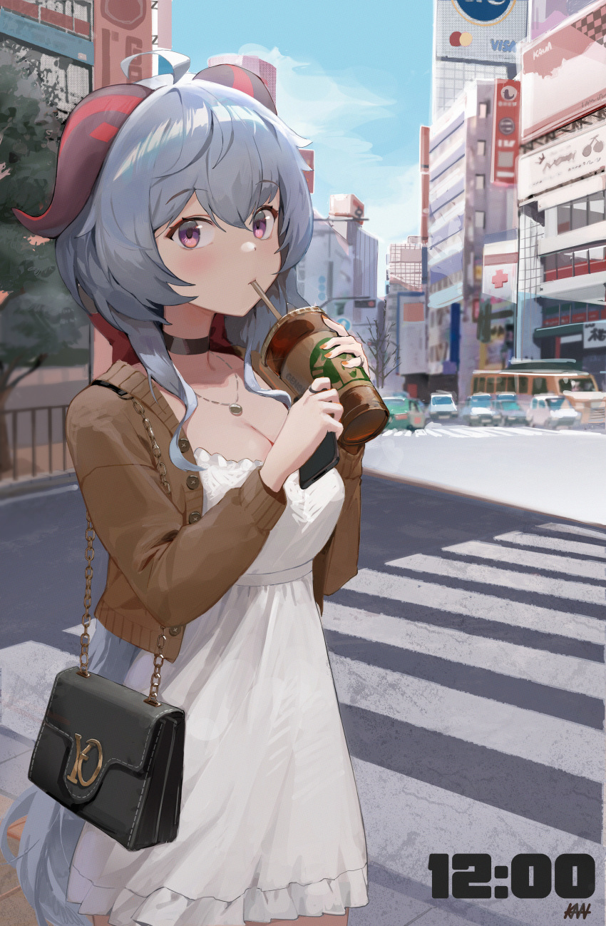 1girl absurdres ahoge alternate_costume bag bangs black_choker blue_hair blue_sky blush breasts buttons car casual cellphone choker city cleavage cowboy_shot crosswalk cup day disposable_cup dress drinking eyebrows_visible_through_hair ganyu_(genshin_impact) genshin_impact ground_vehicle handbag highres holding holding_cup holding_phone horns jacket jewelry kawa683 large_breasts long_hair long_sleeves motor_vehicle necklace open_clothes open_jacket orange_nails outdoors phone purple_eyes real_world_location ring road shibuya_(tokyo) shoulder_bag sky smartphone street tokyo_(city) unbuttoned white_dress