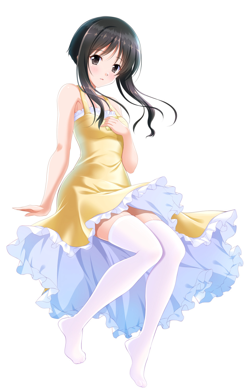 1girl absurdres arm_support bangs bare_arms bare_shoulders bashen_chenyue black_eyes black_hair blush breasts dress eyebrows_visible_through_hair frilled_dress frills full_body hand_up highres long_hair looking_at_viewer memories_off no_shoes parted_lips simple_background sleeveless sleeveless_dress small_breasts smile solo thighhighs white_background white_legwear yellow_dress