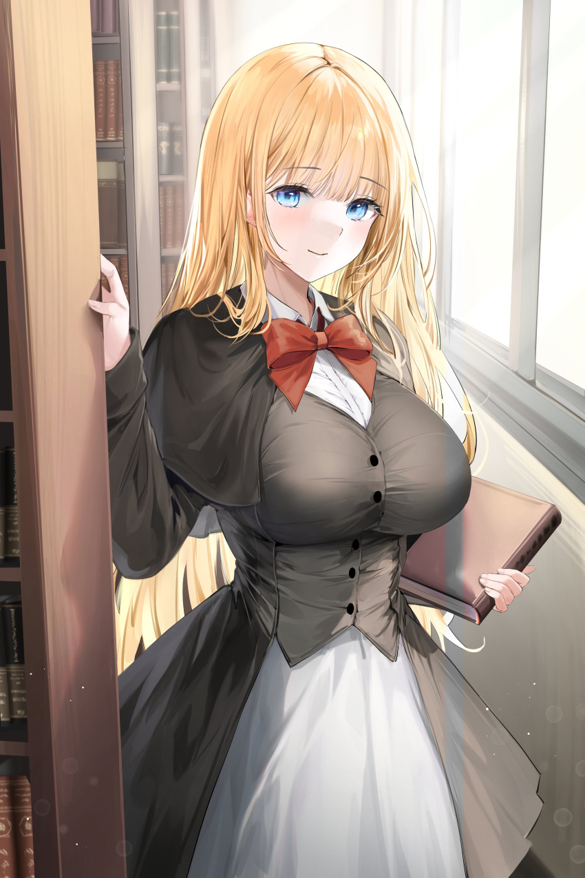 1girl absurdres bangs black_capelet black_jacket blonde_hair blue_eyes blush book bow bowtie breasts capelet collared_dress dress eyebrows_visible_through_hair highres holding holding_book indoors jacket large_breasts library lillly long_hair long_sleeves looking_at_viewer original red_bow red_bowtie shelf sidelocks smile solo sunlight taut_jacket two-tone_dress white_dress window