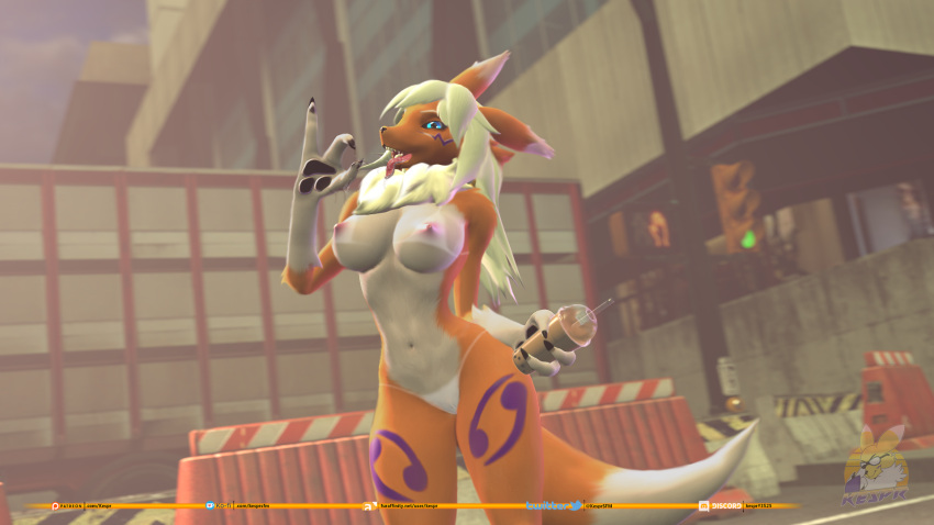 3d_(artwork) anthro bandai_namco beverage black_nose black_sclera blue_eyes bodily_fluids breasts bubble_tea claws digimon digimon_(species) digital_media_(artwork) dipstick_ears dipstick_tail eyebrows facial_markings female genitals gesture hair head_markings hi_res holding_object kespr leg_markings long_hair markings multicolored_body multicolored_ears navel neck_tuft nipples nude open_mouth outside pawpads pussy renamon saliva saliva_on_tongue shoulder_tuft solo standing suggestive suggestive_gesture suntan tail_markings tan_line teeth thigh_markings tongue tongue_out tuft two_tone_body white_body white_hair yellow_body
