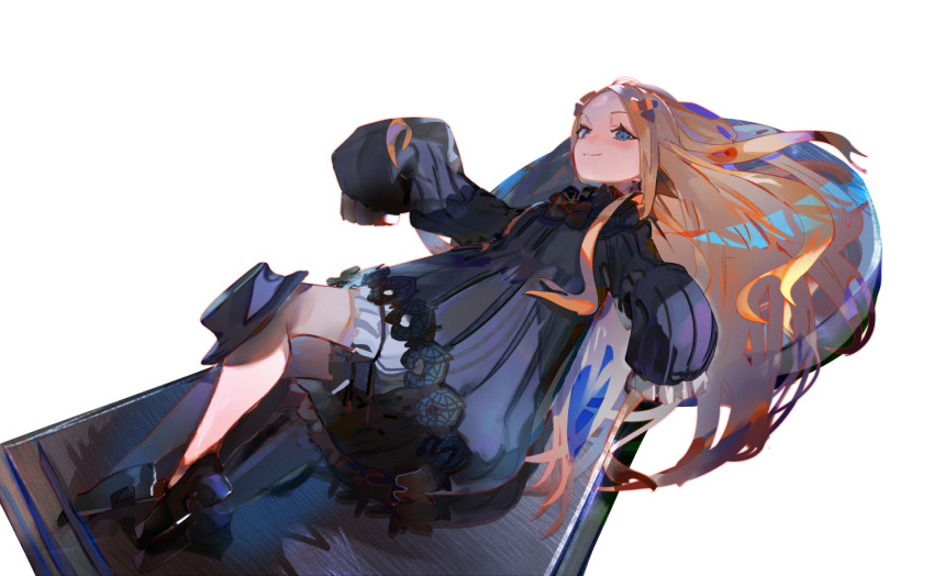 1girl abigail_williams_(fate) bangs black_dress black_footwear black_headwear blonde_hair bloomers blue_eyes blush closed_mouth dress fate/grand_order fate_(series) forehead full_body hat hat_removed headwear_removed keyhole long_hair long_sleeves parted_bangs shoes simple_background sleeves_past_fingers sleeves_past_wrists smile solo tota_(sizukurubiks) underwear very_long_hair white_background white_bloomers