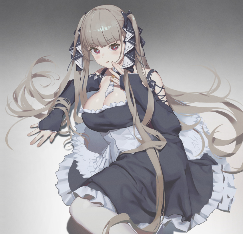 1girl arm_up azur_lane bangs black_dress blonde_hair blush breasts cleavage dress eyebrows_visible_through_hair formidable_(azur_lane) full_body guihuo_inferno hair_ribbon hand_on_floor highres large_breasts long_hair long_sleeves looking_at_viewer lying on_side open_mouth pantyhose parted_lips red_eyes ribbon simple_background solo twintails white_legwear