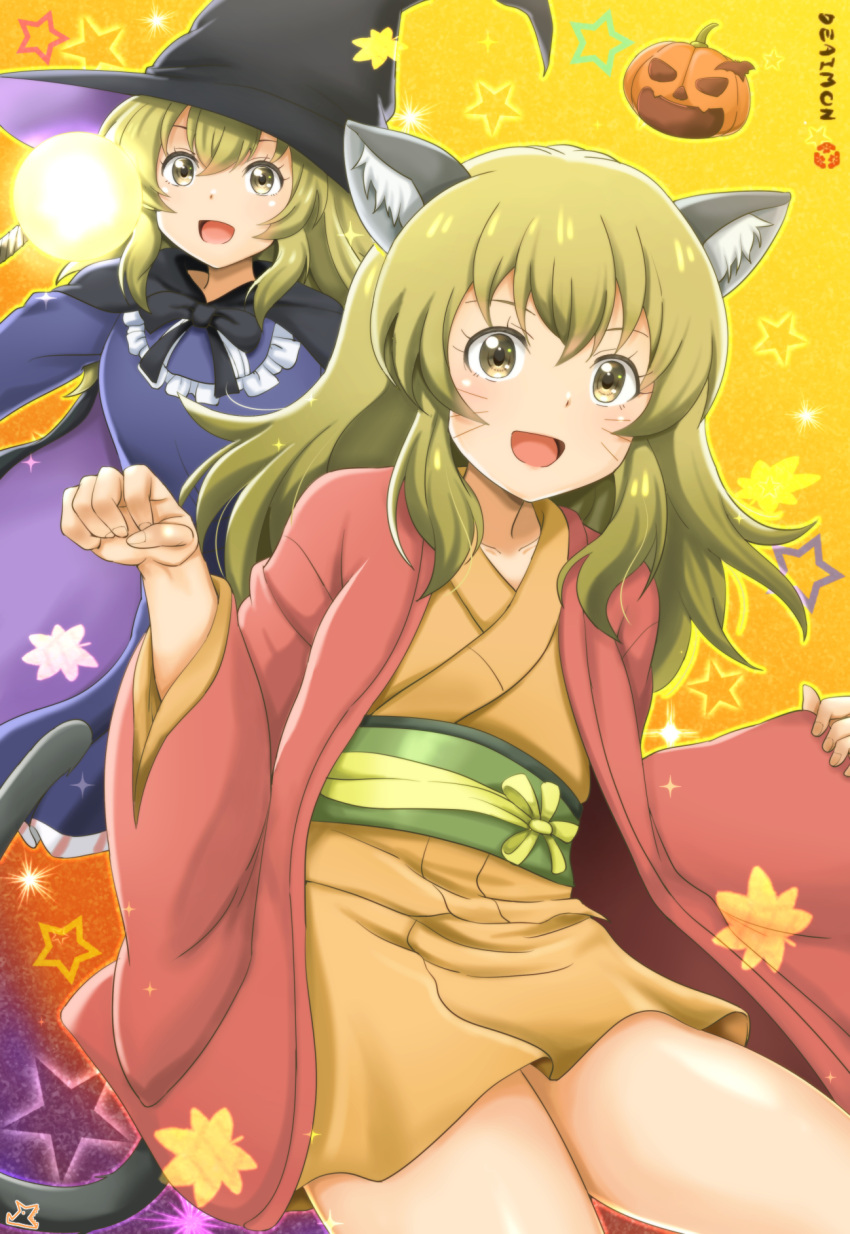 1girl :d animal_ears blonde_hair cape cat_ears deaimon fake_whiskers halloween_costume haori hat highres jack-o'-lantern japanese_clothes kimono long_hair obi samenoido sash smile tail wand witch_hat yellow_eyes yukihira_itsuka