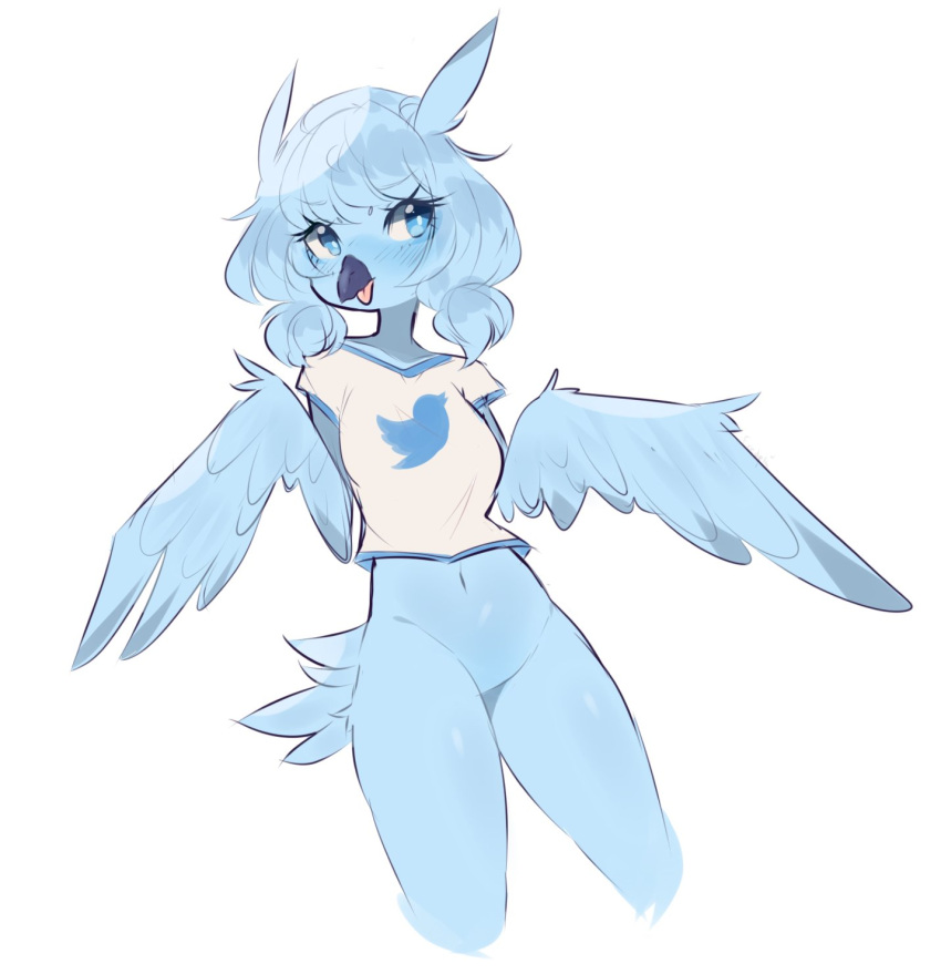 2019 anthro avian beak biped bird blue_body blue_eyes blue_feathers blue_hair bottomless clothed clothing digital_media_(artwork) eyelashes feathered_wings feathers female fredek666 hair hi_res meme navel portrait shaded shirt simple_background solo three-quarter_portrait topwear tweetfur twitter twitter_bird white_background wings