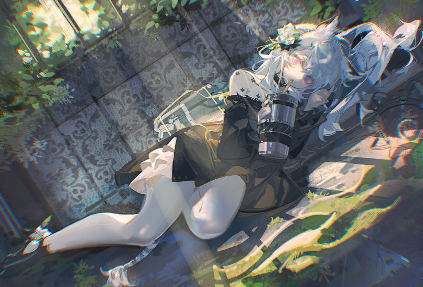 1girl animal_ear_fluff animal_ears arknights bag bangs black_dress black_footwear cup dress drinking drinking_straw dutch_angle flower full_body hair_flower hair_ornament heavyrain_(arknights) heavyrain_(tranquil_moss)_(arknights) highres holding holding_cup horse_ears indoors light_rays long_hair long_sleeves looking_at_viewer lying moss official_alternate_costume on_floor on_side pantyhose purple_eyes rose samo_(shichun_samo) solo sunbeam sunlight very_long_hair white_flower white_hair white_legwear white_rose window window_shade