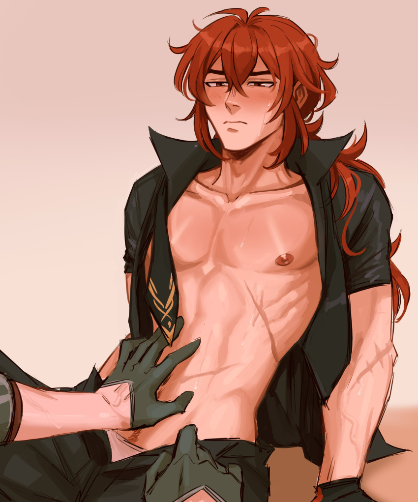 1boy absurdres black_gloves black_shirt blush collarbone diluc_(genshin_impact) genshin_impact gloves half_gloves hands_on_stomach highres long_hair looking_at_viewer male_focus nipples open_clothes open_pants open_shirt pants pectorals red_eyes red_hair scar scar_on_arm scar_on_stomach shirt short_sleeves sombre_slahc tartaglia_(genshin_impact) yaoi