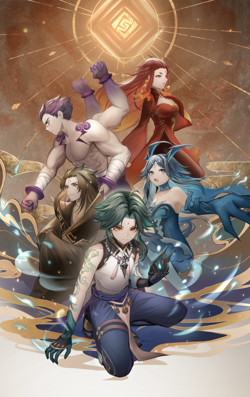 2girls 3boys absurdres bare_shoulders blue_eyes blue_hair bonanus_(genshin_impact) bosacius_(genshin_impact) brown_hair facial_mark forehead_jewel forehead_mark four_arms genshin_impact highres indarias_(genshin_impact) long_hair menogias_(genshin_impact) mihaia multicolored_hair multiple_boys multiple_girls purple_hair red_hair serious tattoo xiao_(genshin_impact)