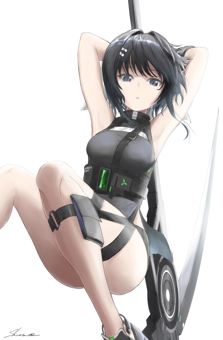 1girl :o absurdres arknights arms_behind_head arms_up bangs bare_arms bare_legs bare_shoulders belt belt_pouch black_belt black_eyes black_footwear black_hair black_shirt black_shorts breasts commentary_request eyebrows_behind_hair feet_out_of_frame hair_ornament hairclip highres holding holding_polearm holding_scythe holding_weapon knees_together_feet_apart la_pluma_(arknights) looking_at_viewer medium_breasts medium_hair parted_lips partial_commentary polearm pouch scythe shirata98 shirt shoes short_shorts shorts shoulder_strap side_slit sidelocks signature simple_background sneakers solo thigh_strap weapon weapon_behind_back white_background