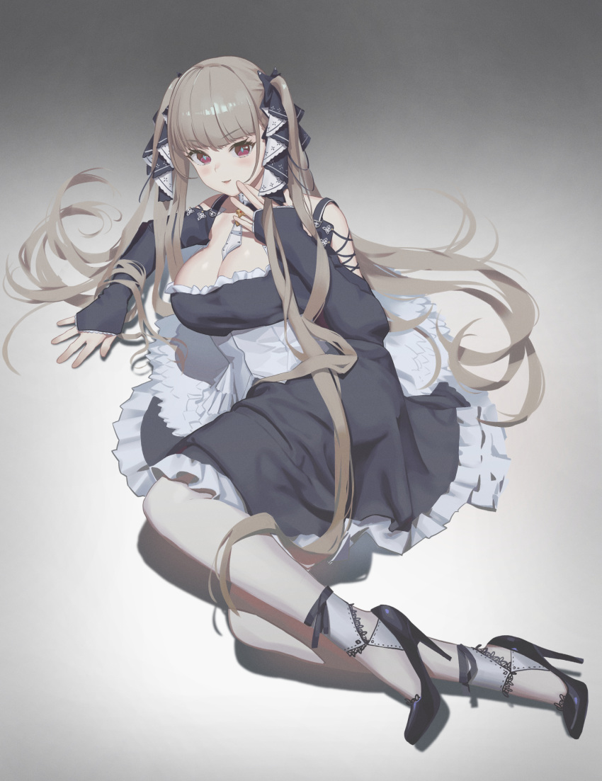 1girl arm_up azur_lane bangs black_dress black_footwear blonde_hair blush breasts cleavage dress eyebrows_visible_through_hair formidable_(azur_lane) full_body guihuo_inferno hair_ribbon hand_on_floor high_heels highres large_breasts long_hair long_sleeves looking_at_viewer lying on_side open_mouth pantyhose parted_lips red_eyes ribbon simple_background solo twintails white_legwear