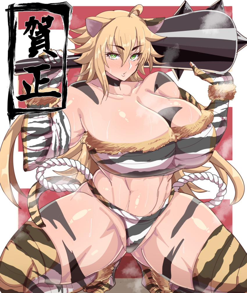 animal_humanoid big_breasts breasts cleavage clothed clothing club_(weapon) felid felid_humanoid female hi_res holding_club holding_melee_weapon huge_breasts humanoid kneeling legwear mammal mammal_humanoid melee_weapon pantherine pantherine_humanoid rururu82010664 solo thigh_highs tiger_humanoid weapon