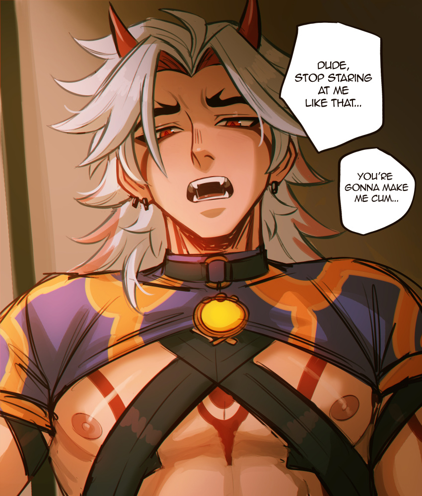 1boy absurdres arataki_itto crop_top earrings english_text fangs genshin_impact highres horns jewelry long_hair looking_at_viewer male_focus nipples oni oni_horns open_mouth red_eyes red_horns short_sleeves sombre_slahc vision_(genshin_impact) white_hair