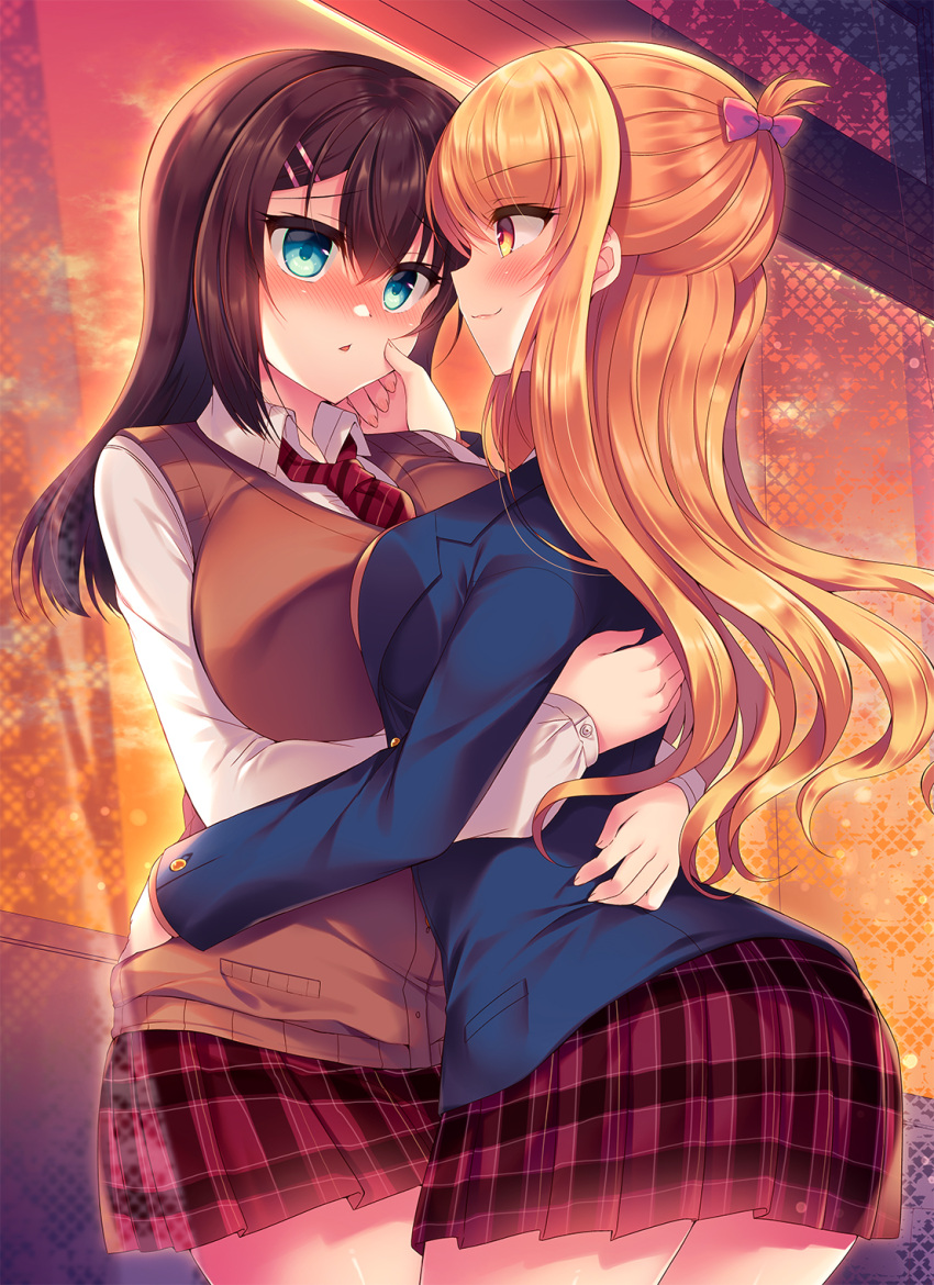 2girls ass bangs black_hair blazer blonde_hair blue_jacket blush bow breasts cardigan_vest closed_mouth collared_shirt commentary_request diagonal-striped_necktie eyebrows_visible_through_hair green_eyes hair_between_eyes hair_bow hair_ornament hairclip hand_on_another's_face highres hug indoors jacket large_breasts long_hair medium_breasts multiple_girls necktie open_clothes open_jacket original parted_lips plaid plaid_skirt pleated_skirt purple_bow purple_skirt red_eyes red_necktie school_uniform shirt skirt smile sunset suzunone_rena very_long_hair white_shirt window yuri