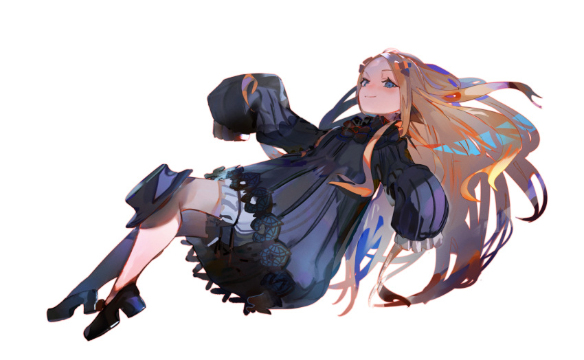 1girl abigail_williams_(fate) bangs black_dress black_footwear black_headwear blonde_hair bloomers blue_eyes blush closed_mouth commentary_request dress fate/grand_order fate_(series) forehead full_body hat hat_removed headwear_removed long_hair long_sleeves parted_bangs shoes simple_background sleeves_past_fingers sleeves_past_wrists smile solo tota_(sizukurubiks) underwear very_long_hair white_background white_bloomers