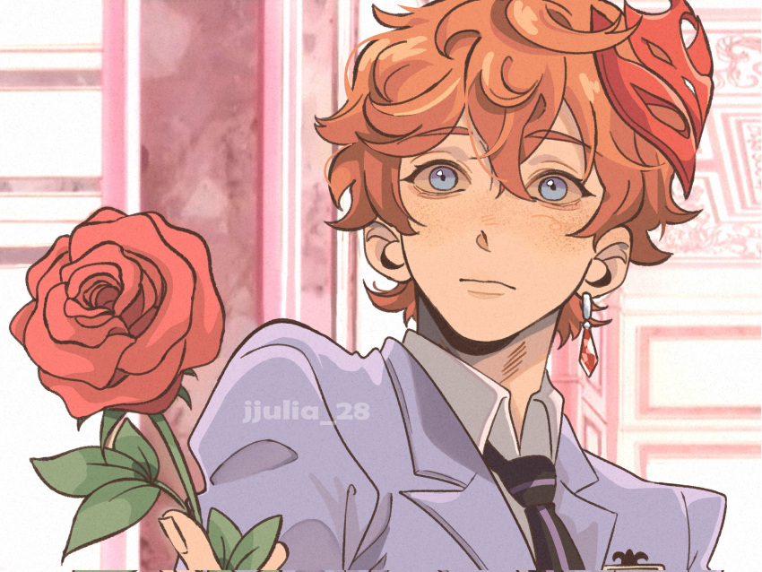 1boy blue_eyes blue_jacket blush earrings flower freckles genshin_impact highres holding holding_flower jacket jewelry jjulia_28 long_sleeves looking_at_viewer male_focus mask mask_on_head orange_hair ouran_high_school_host_club parody red_flower red_mask red_rose rose school_uniform short_hair single_earring tartaglia_(genshin_impact)