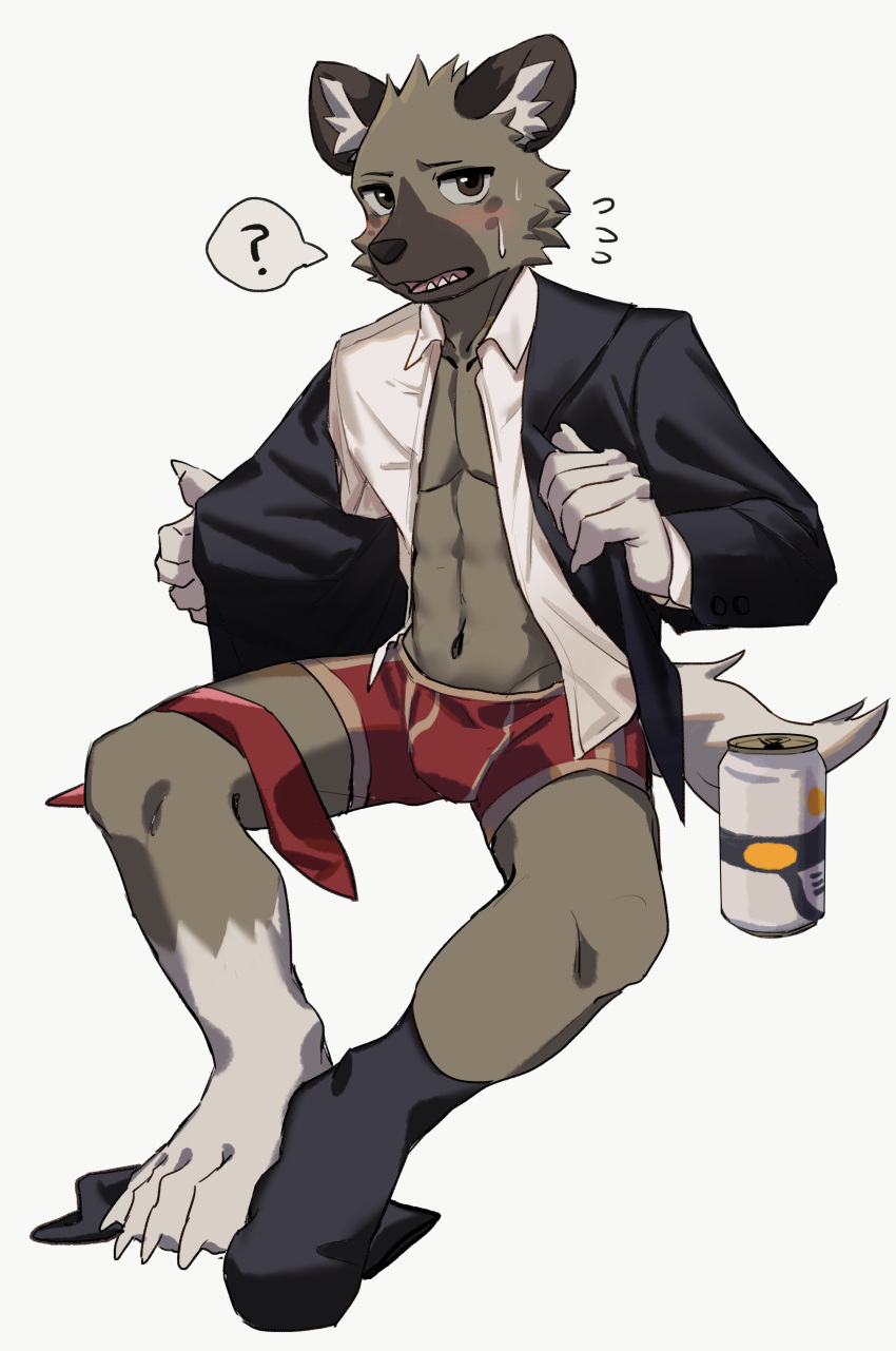 2020 absurd_res aggressive_retsuko anthro beverage blush bottomwear brown_body brown_eyes brown_fur clothed clothing footwear fur haida hi_res hyaenid kitai_su looking_at_viewer male mammal pants partially_clothed question_mark red_clothing red_underwear sanrio sharp_teeth shirt simple_background socks solo teeth topwear underwear undressing white_clothing white_shirt white_topwear