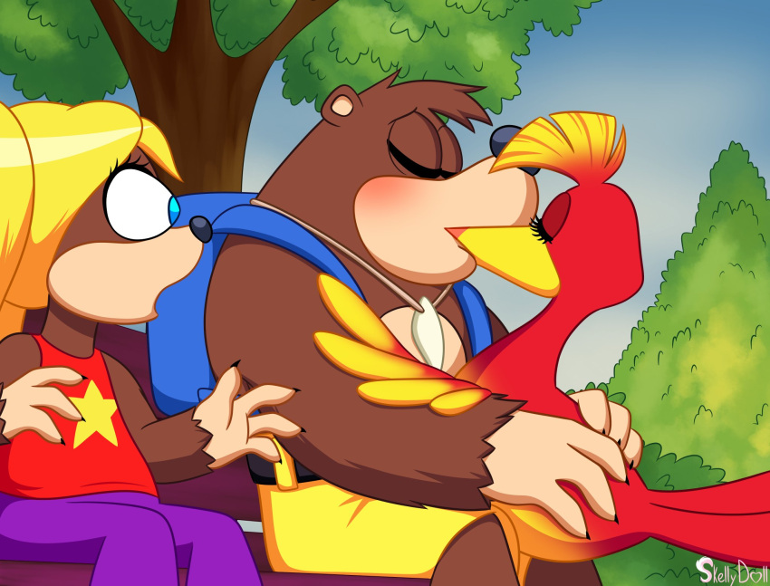 anthro avian backpack banjo-kazooie banjo_(banjo-kazooie) bird female feral group hi_res kazooie kissing male male/female mammal park_bench plant rareware skeletonguys-and-ragdolls tooty tree trio ursid video_games