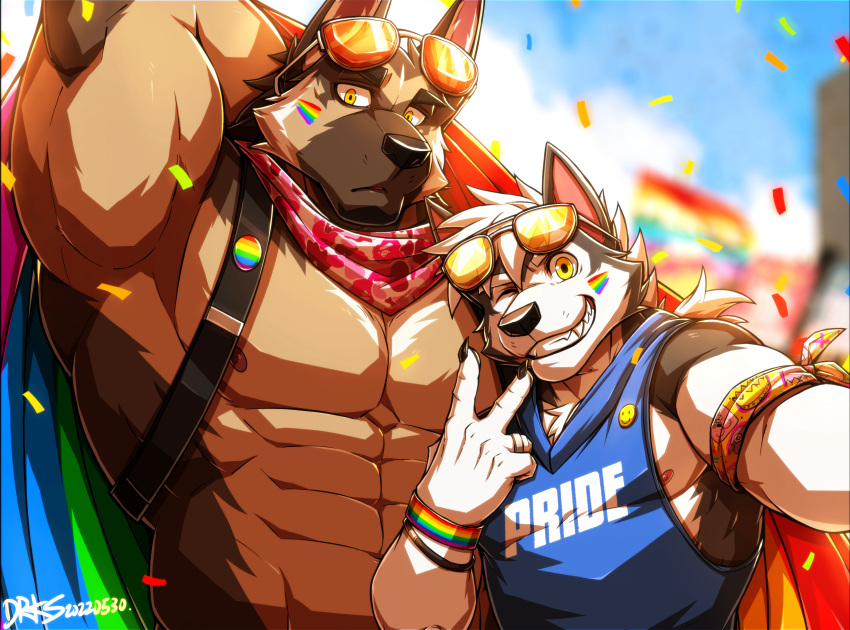 abs absurd_res anthro biceps big_muscles breasts canid canine canis clothed clothing domestic_dog drks duo eyewear flag fur german_shepherd glasses hair hardy_(drks) herding_dog hi_res husky legwear lgbt_history_month lgbt_pride male male/male mammal muscular muscular_anthro muscular_male nipples nordic_sled_dog pastoral_dog patrick_(drks) pecs pride_color_accessory pride_color_background pride_color_clothing pride_color_face_paint pride_color_flag pride_color_jewelry pride_color_legwear pride_color_markings pride_colors rainbow_flag rainbow_symbol simple_background smile spitz topwear