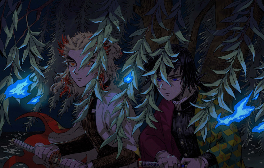 2boys absurdres asymmetrical_clothes bangs black_hair blonde_hair blue_fire cape closed_mouth colored_tips demon_slayer_uniform egyuuu fighting_stance fire flame_print forked_eyebrows half_updo haori highres hitodama holding holding_sword holding_weapon horizon japanese_clothes katana kimetsu_no_yaiba long_hair long_sleeves looking_afar male_focus multicolored_eyes multicolored_hair multiple_boys nature night night_sky plant print_cape ready_to_draw red_eyes red_hair rengoku_kyoujurou sky streaked_hair sword tomioka_giyuu tree upper_body water weapon white_cape willow yellow_eyes