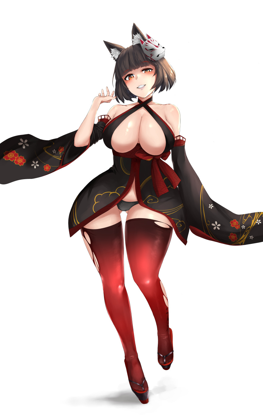 1girl absurdres animal_ear_fluff animal_ears azur_lane bare_shoulders black_dress black_hair black_panties breasts cat_ears cat_mask center_opening detached_sleeves dress evil_grin evil_smile floral_print full_body gradient gradient_legwear grin highres huge_breasts looking_at_viewer mask mask_on_head ojisan_f panties platform_footwear red_legwear shiny shiny_skin short_dress short_hair simple_background smile solo thighhighs torn_clothes torn_legwear underwear very_long_sleeves white_background yamashiro_(azur_lane) yamashiro_(meta)_(azur_lane)