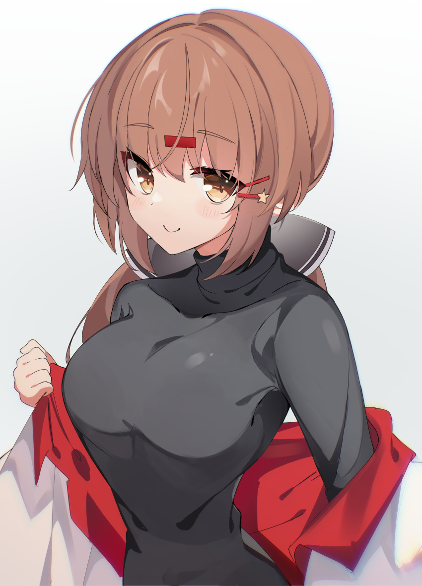 1girl absurdres black_bow black_shirt blush bow breasts brown_eyes brown_hair closed_mouth eyebrows_visible_through_hair fathom gradient gradient_background hair_between_eyes hair_bow hair_ornament hairclip highres kantai_collection large_breasts long_hair long_sleeves shirt smile solo tashkent_(kancolle) upper_body