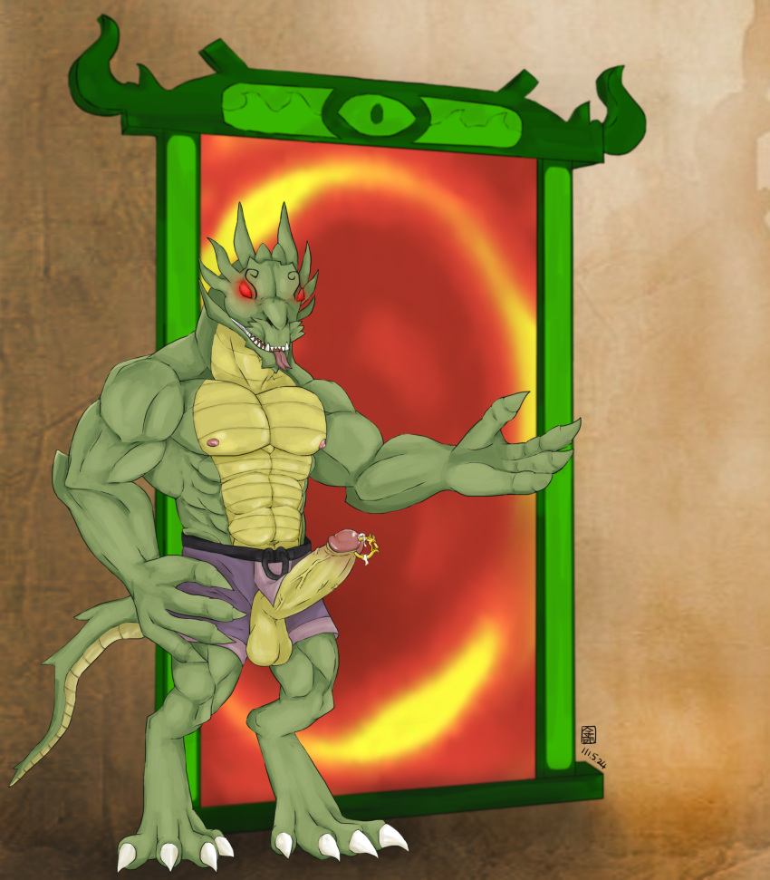 abs absurd_res accessory anthro biceps big_penis bodily_fluids bottomwear clothing cock_ring demon door dragon erection feral forked_tongue gdrzhuowolf genitals hi_res jackie_chan_adventures jewelry looking_at_viewer male muscular nude penis penis_accessory penis_jewelry red_eyes shendu smile solo tongue