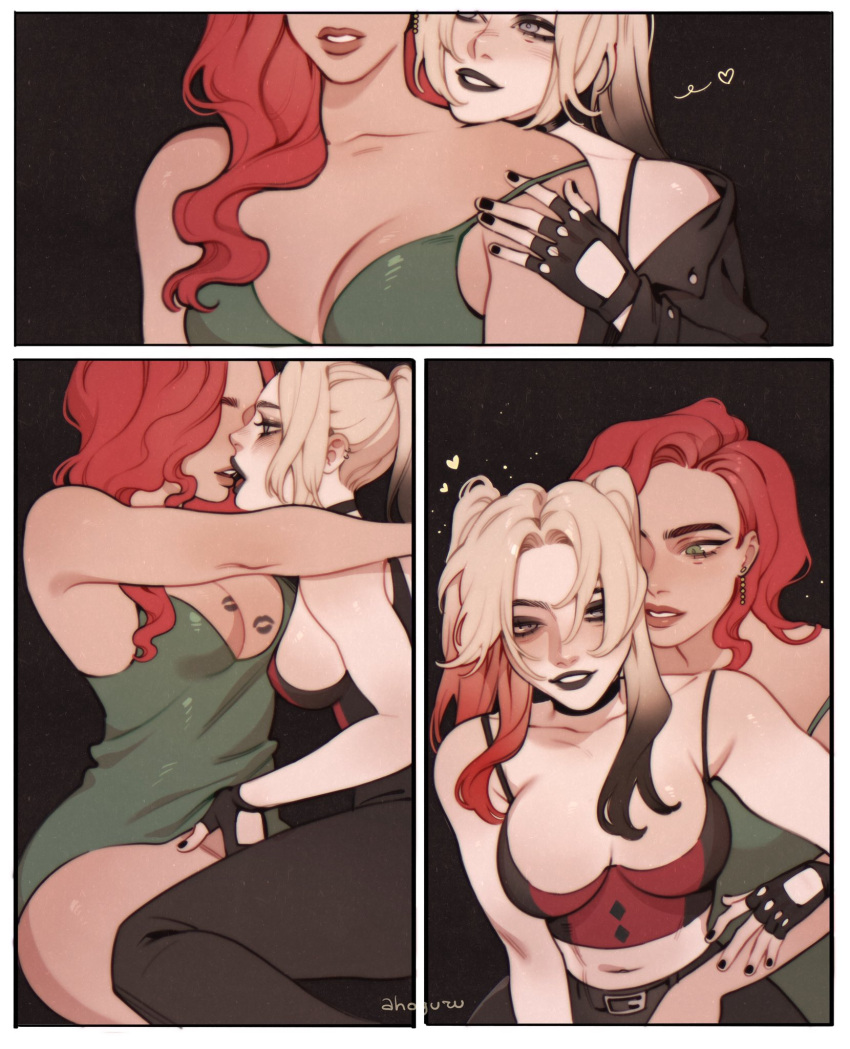 2girls ahageao49 belt black_gloves black_lips black_nails black_pants blonde_hair blue_eyes blush bottomless breasts cleavage couple crop_top dc_comics fingerless_gloves gloves green_eyes green_nightgown harley_quinn heart highres hug hug_from_behind implied_fingering kiss lips lipstick lipstick_mark long_hair loose_clothes makeup medium_breasts multiple_girls nail nail_polish navel nightgown open_mouth pajamas pants poison_ivy red_hair sideboob smile teeth thighs twintails yuri