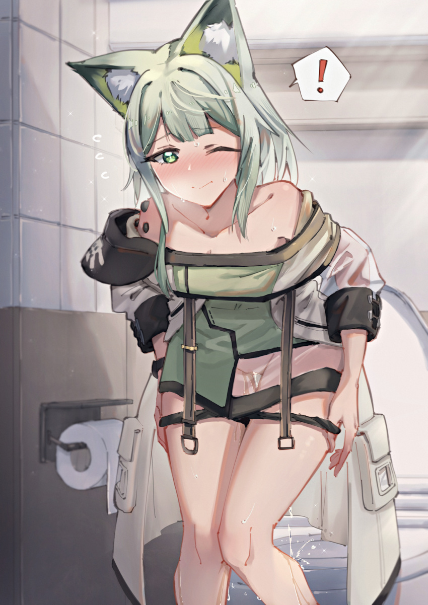 ! 1girl animal_ear_fluff animal_ears arknights bangs bare_shoulders bathroom black_panties blush breasts breath cleavage closed_mouth coat collarbone commentary dress embarrassed failure flying_sweatdrops fox_ears fox_girl green_dress green_eyes green_hair have_to_pee highres indoors kal'tsit_(arknights) knees_together_feet_apart leaning_forward light_rays long_hair looking_down medium_breasts nose_blush off_shoulder one_eye_closed open_clothes open_coat panties panty_pull pee peeing pocket pulled_by_self rune_(pixiv_25170019) see-through see-through_dress see-through_sleeves short_dress sidelocks solo speech_bubble split_mouth spoken_exclamation_mark standing sweat tile_wall tiles toilet toilet_paper toilet_use underwear watch white_coat wince wristwatch
