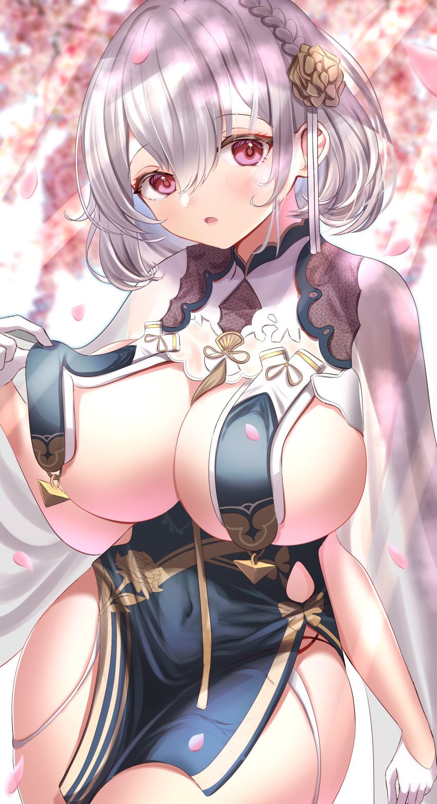 1girl absurdres azuma_(sospower73) azur_lane braid breast_curtains breasts cherry_blossoms china_dress chinese_clothes covered_navel dress flower garter_straps gloves grey_dress hair_flower hair_ornament half_gloves highres looking_at_viewer official_alternate_costume pelvic_curtain petals red_eyes revealing_clothes ribbon_between_breasts see-through see-through_sleeves short_hair side_braid sirius_(azur_lane) sirius_(azure_horizons)_(azur_lane) solo white_garter_straps white_gloves white_hair
