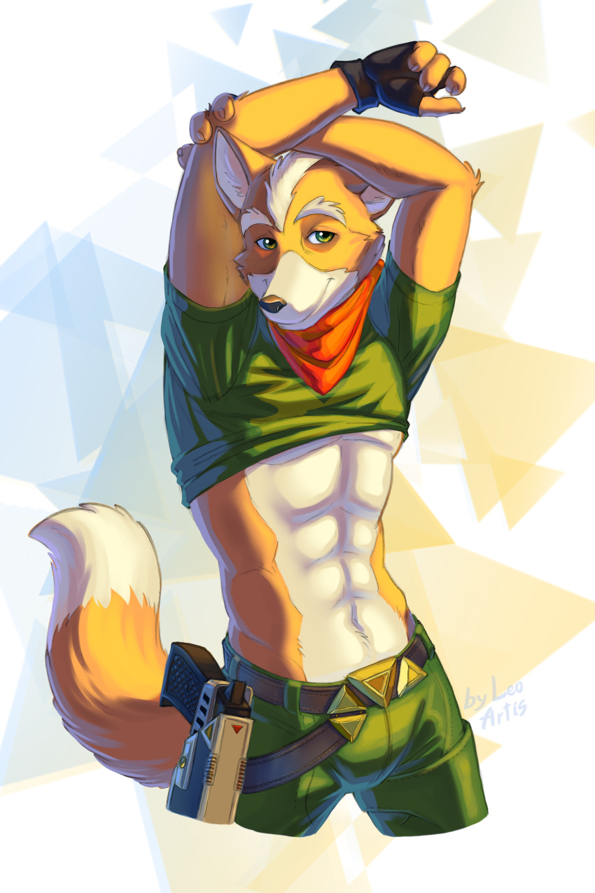 2022 abs absurd_res anthro bandanna bottomwear canid canine clothing fingerless_gloves fox fox_mccloud fur gloves gradient_background gun handwear hi_res kerchief leo-artis male mammal nintendo pants presenting ranged_weapon simple_background smile solo star_fox triangle_(shape) video_games weapon