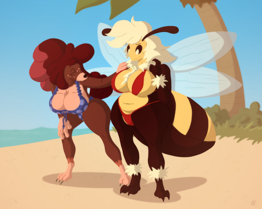 absurd_res animal_humanoid anthro arthropod beach bee big_breasts bikini breasts canid canid_humanoid canine canine_humanoid canis cleavage clothed clothing dog_humanoid domestic_dog duo embarrassed female hi_res honey_bee huge_breasts huge_thighs humanoid hymenopteran insect jared_dillon mammal mammal_humanoid seaside swimwear thick_thighs wide_hips wings