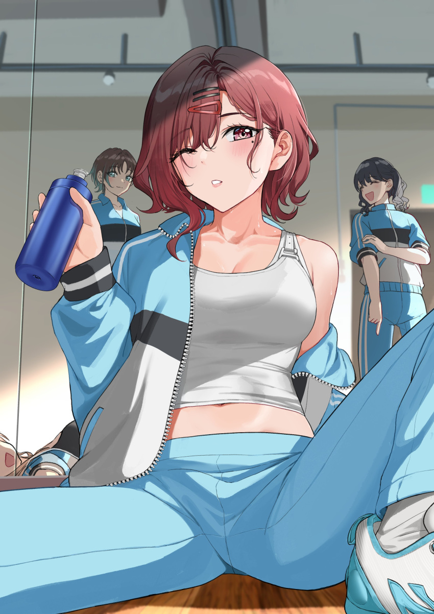 4girls absurdres asakura_toru bangs black_hair blue_eyes blue_jacket blue_pants blush bottle bra brown_hair closed_eyes collarbone english_commentary fukumaru_koito hair_ornament hairclip highres higuchi_madoka holding holding_bottle ichikawa_hinana idolmaster idolmaster_shiny_colors indoors jacket looking_at_viewer lying medium_hair midriff_peek mole mole_under_eye multiple_girls noctchill_(idolmaster) nonbire on_floor one_eye_closed open_clothes open_jacket open_mouth pants parted_lips pov purple_eyes short_hair sitting sleeves_rolled_up smile sports_bra spread_legs sweat tank_top track_jacket training_room twintails underwear wavy_hair wet wet_clothes white_bra white_footwear white_tank_top