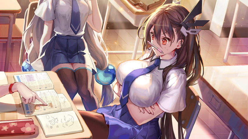 3girls action_taimanin arms_under_breasts bag bookbag breasts brown_hair case classroom crossed_arms crossed_legs doodles floral_print game_cg graph hair_between_eyes hair_ornament head_out_of_frame highres kasumigaoka_rika large_breasts leggings medium_breasts multiple_girls nanase_mai necktie notebook out_of_frame pencil_to_face pleated_skirt pointing red_eyes school_uniform shinohara_mari skirt studying sweat taimanin_(series) textbook tile_floor tiles v-shaped_eyebrows white_hair