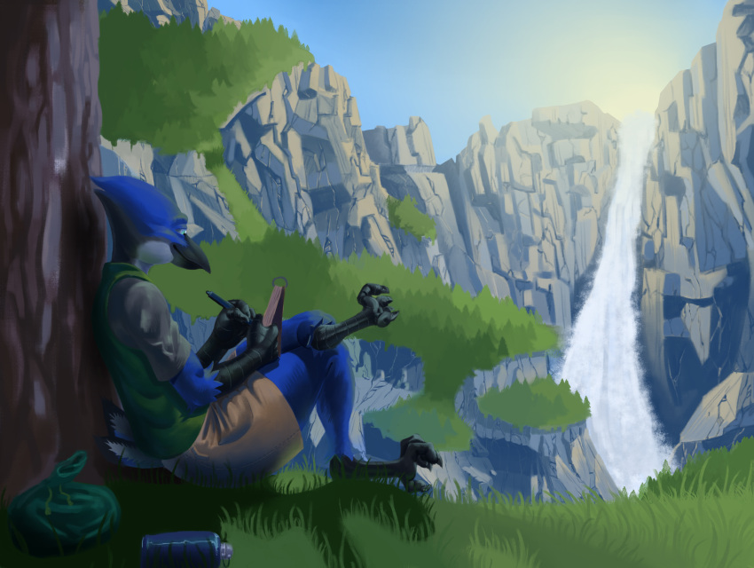 absurd_res anthro avian bag bird blue_jay clothed clothing corvid feathers happy hi_res jay_(bird) lugen_kobold male mountain nature new_world_jay nolan_(nosassymon) oscine passerine plant smile solo talons tree waterfall