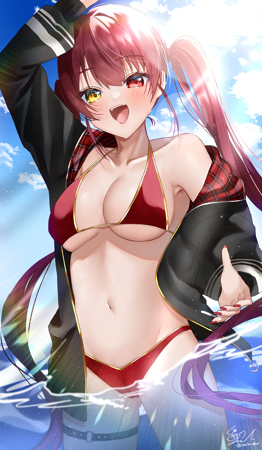 1girl :d absurdres arm_up armpits bikini black_jacket blue_sky blush breasts cleavage cloud cloudy_sky commentary cowboy_shot day eyebrows_visible_through_hair hair_between_eyes heterochromia highres hololive houshou_marine jacket lens_flare light_rays long_hair looking_at_viewer medium_breasts nail_polish navel o-ring o-ring_legwear ocean off_shoulder official_alternate_costume open_clothes open_jacket open_mouth outdoors red_bikini red_eyes red_hair red_nails signature sky smile solo standing stomach sunlight swimsuit thigh_strap twitter_username two-sided_fabric two-sided_jacket very_long_hair virtual_youtuber wading yellow_eyes yuuyu_(moco20111115)