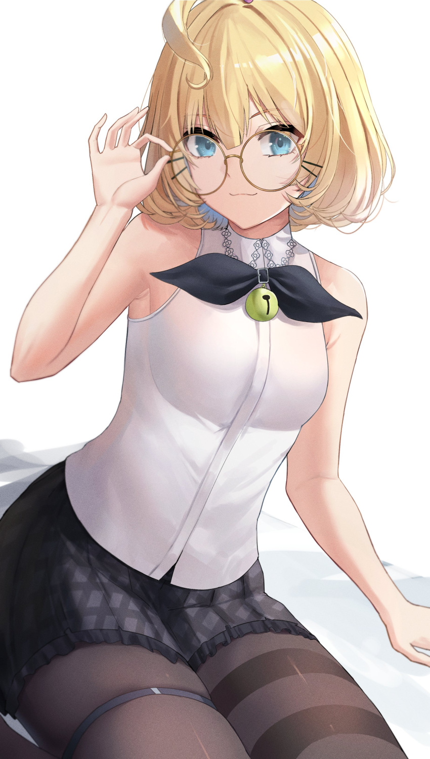 1girl absurdres ahoge bangs bare_arms bell blonde_hair bob_cut breasts brown_legwear cowboy_shot dobure18 dutch_angle eyebrows_visible_through_hair frilled_skirt frills glasses green_eyes hair_between_eyes hair_ornament hairclip hand_on_eyewear highres jingle_bell millie_parfait nijisanji pantyhose round_eyewear shirt short_hair simple_background sitting skirt sleeveless small_breasts smile solo thigh_strap thighband_pantyhose virtual_youtuber white_background white_shirt