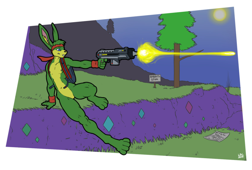 2015 5_fingers accessory alpha_channel anthro backpack blue_eyes buckteeth clothed clothing detailed_background digital_media_(artwork) english_text eyebrows featureless_crotch fingers full-length_portrait fur grass green_body green_fur gun holding_gun holding_object holding_weapon inner_ear_fluff lagomorph leporid longblueclaw male mammal mountain nipples outside paws plant portrait rabbit ranged_weapon shooting_gun sky solo teeth text tree tuft weapon